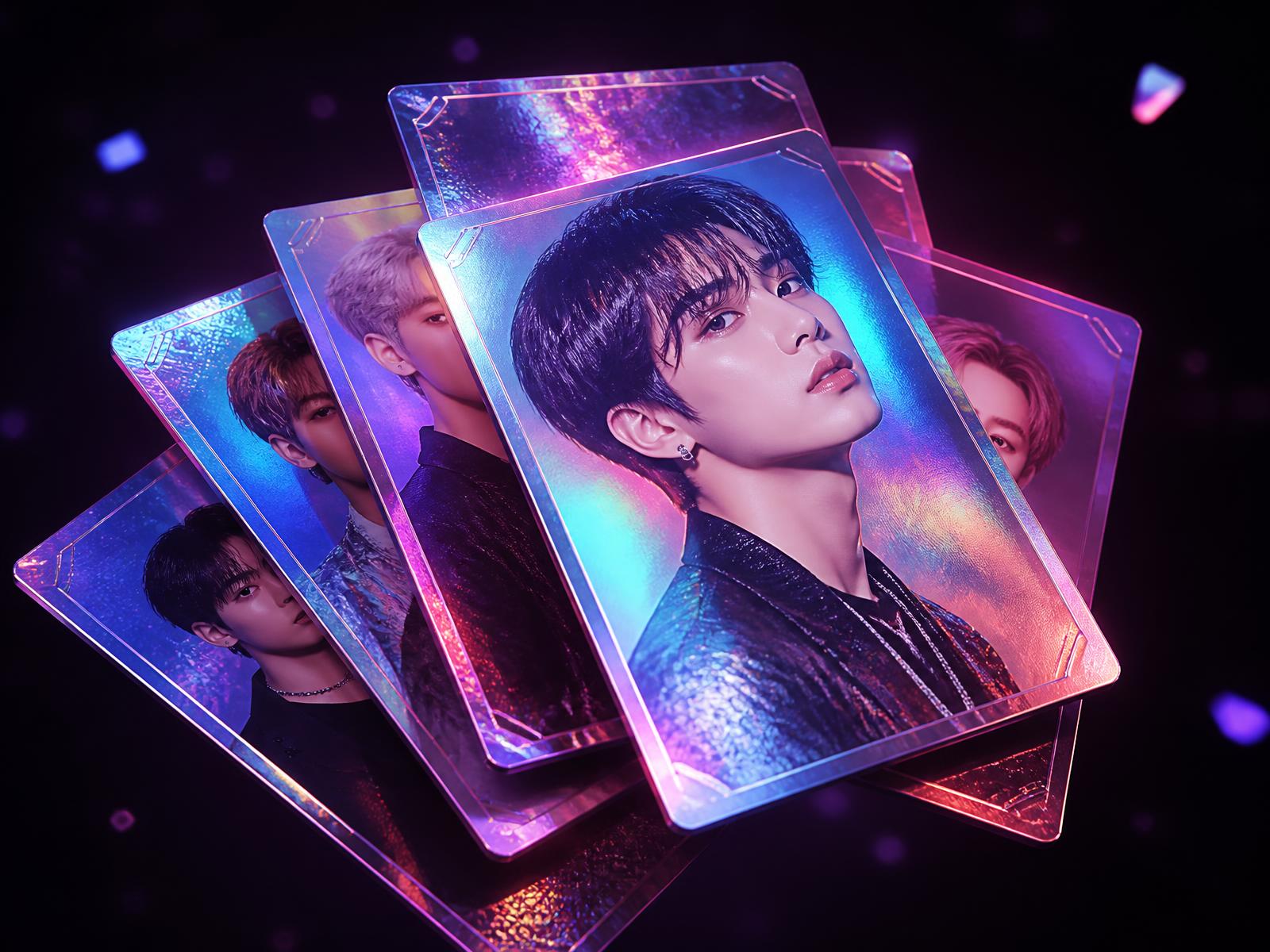 Holographic K-pop collectible cards fanned out